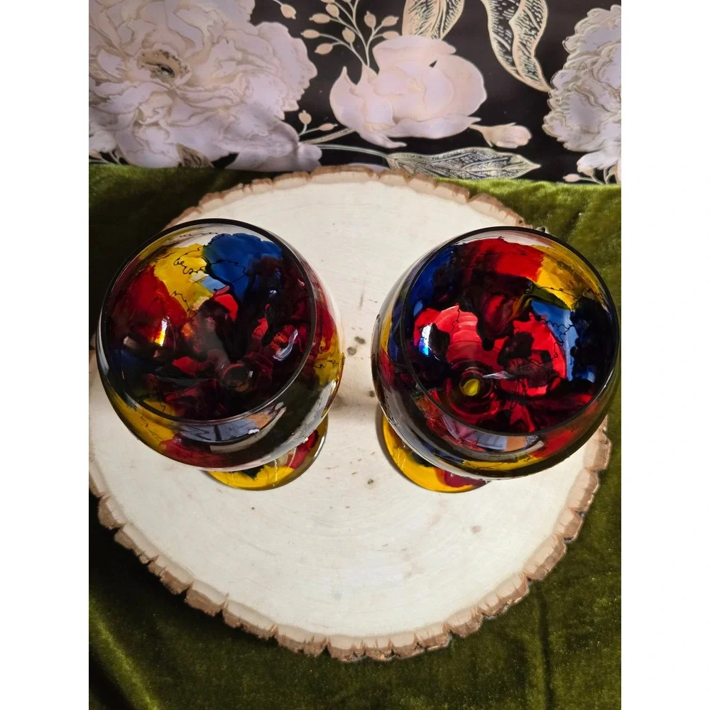 Euroglass‎ Stemware Hand Painted Abstract Wine Glasses Red Blue Yellow Gold Pair